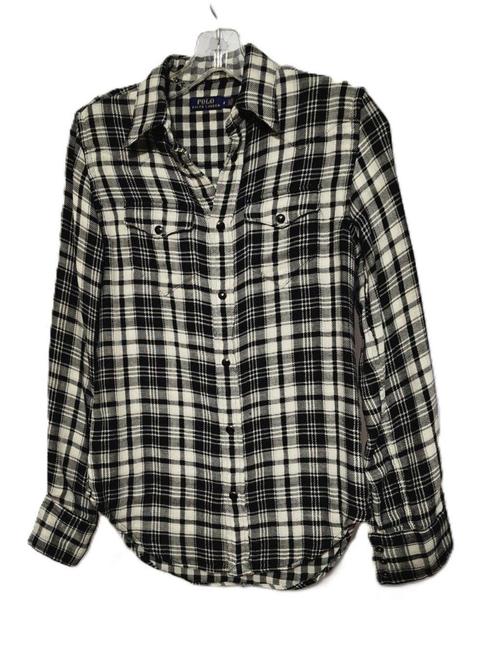 NWOT Polo Ralph Lauren Womens Black&Ecru Plaid Cotton Western Snap Shirt Size 0